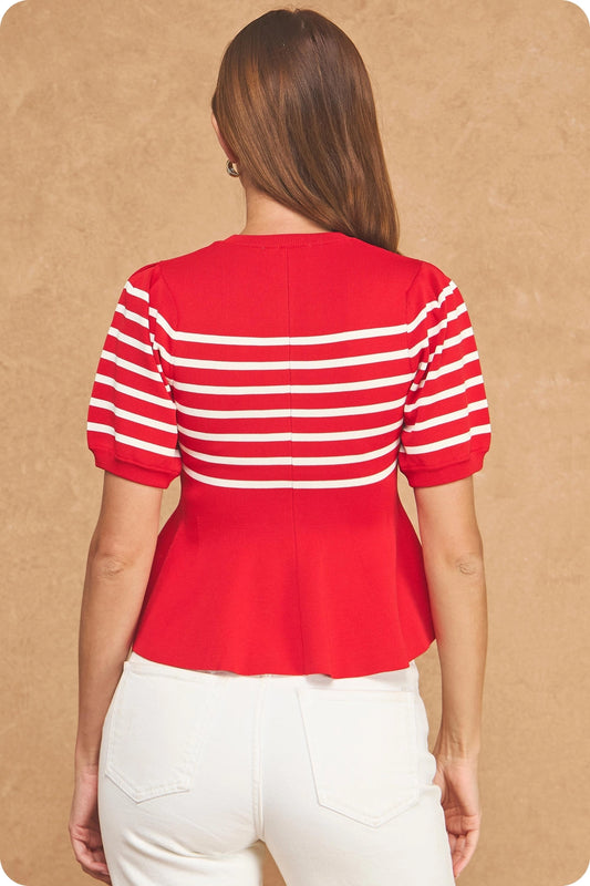 Striped Short Sleeve Peplum Sweater Top - Red/Ivory