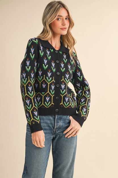 Floral Knit Collared Sweater Cardigan - Black Multi