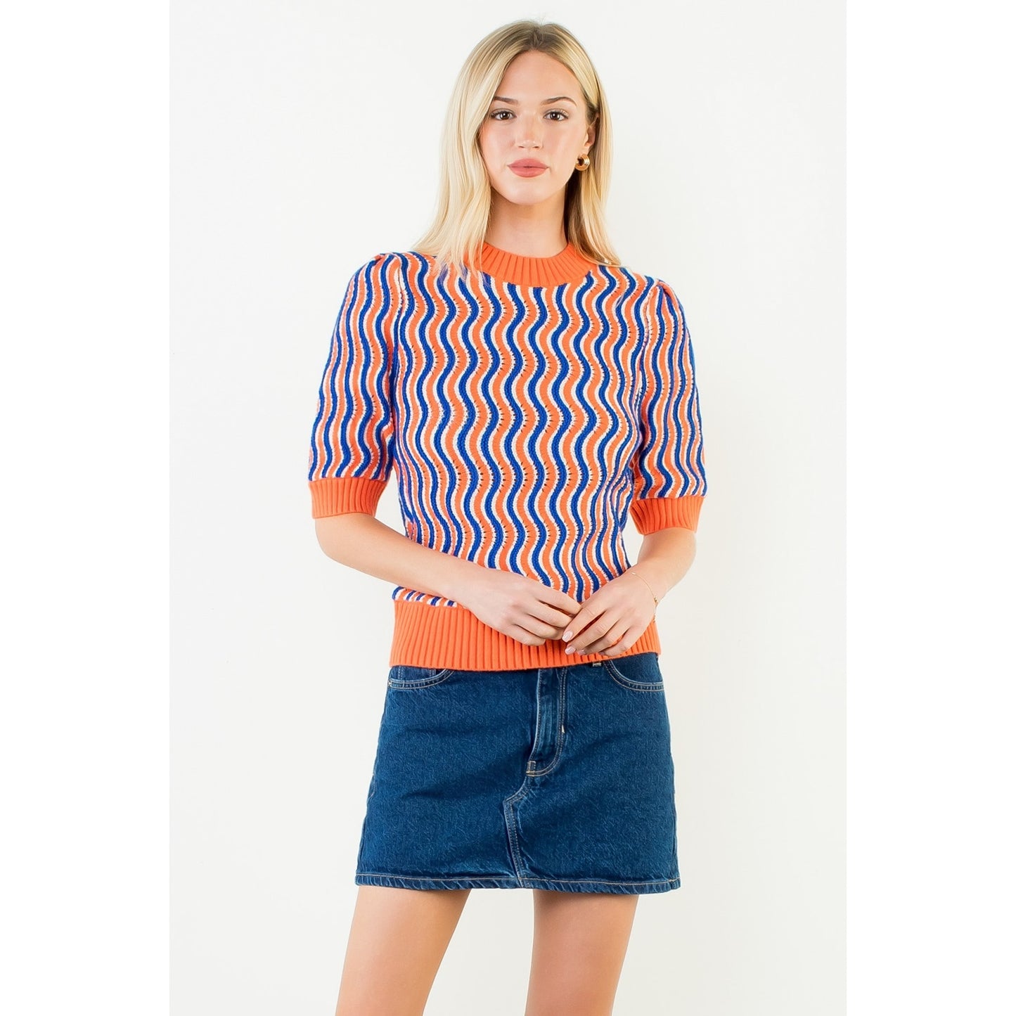 Short Sleeve Wavy Striped Top - Orange