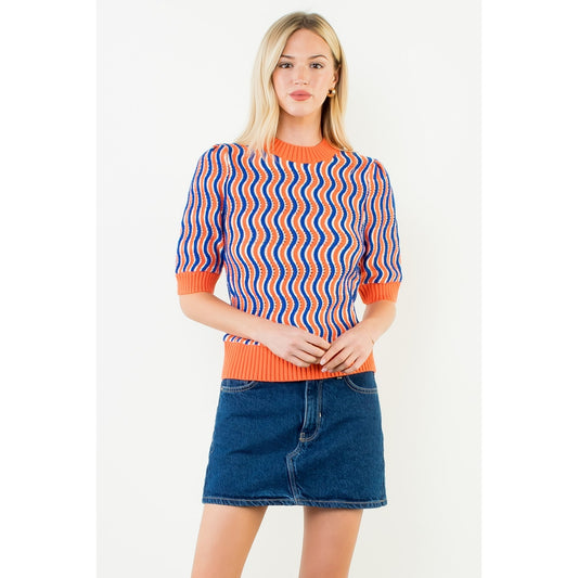 Short Sleeve Wavy Striped Top - Orange