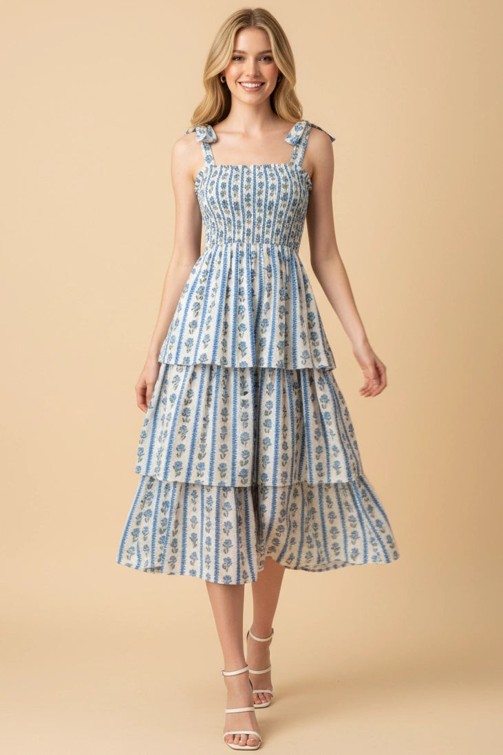 Striped Floral Smocked Midi Dress - Blue