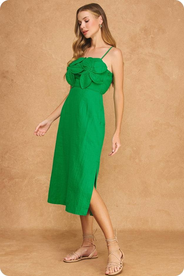 3D Floral Appliqué Midi Dress - Green