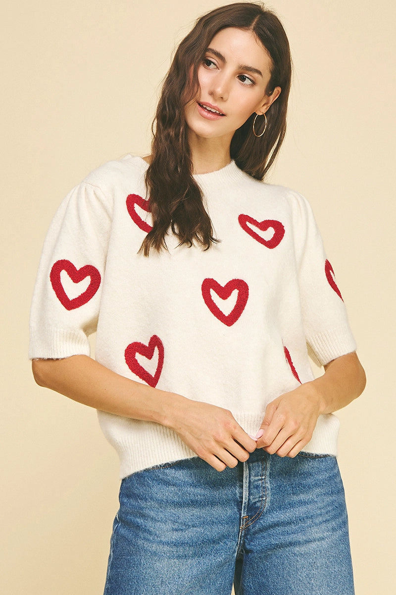 Heart Pattern Knit Sweater - Off-White