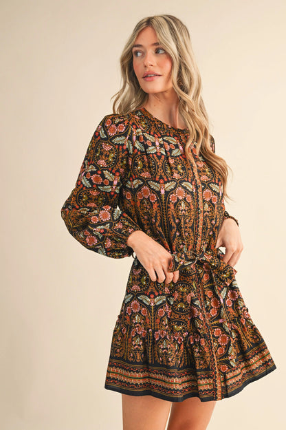 Exclusive Floral Print Button Down Belted Mini Dress - Black Multi