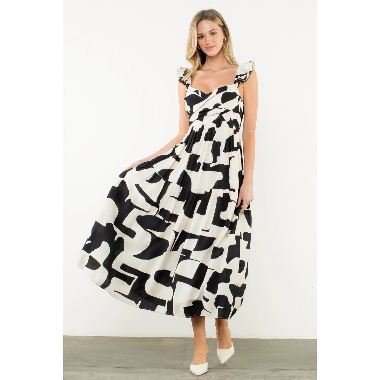 THML - Ruffle Strap Abstract Print Maxi Dress - Black