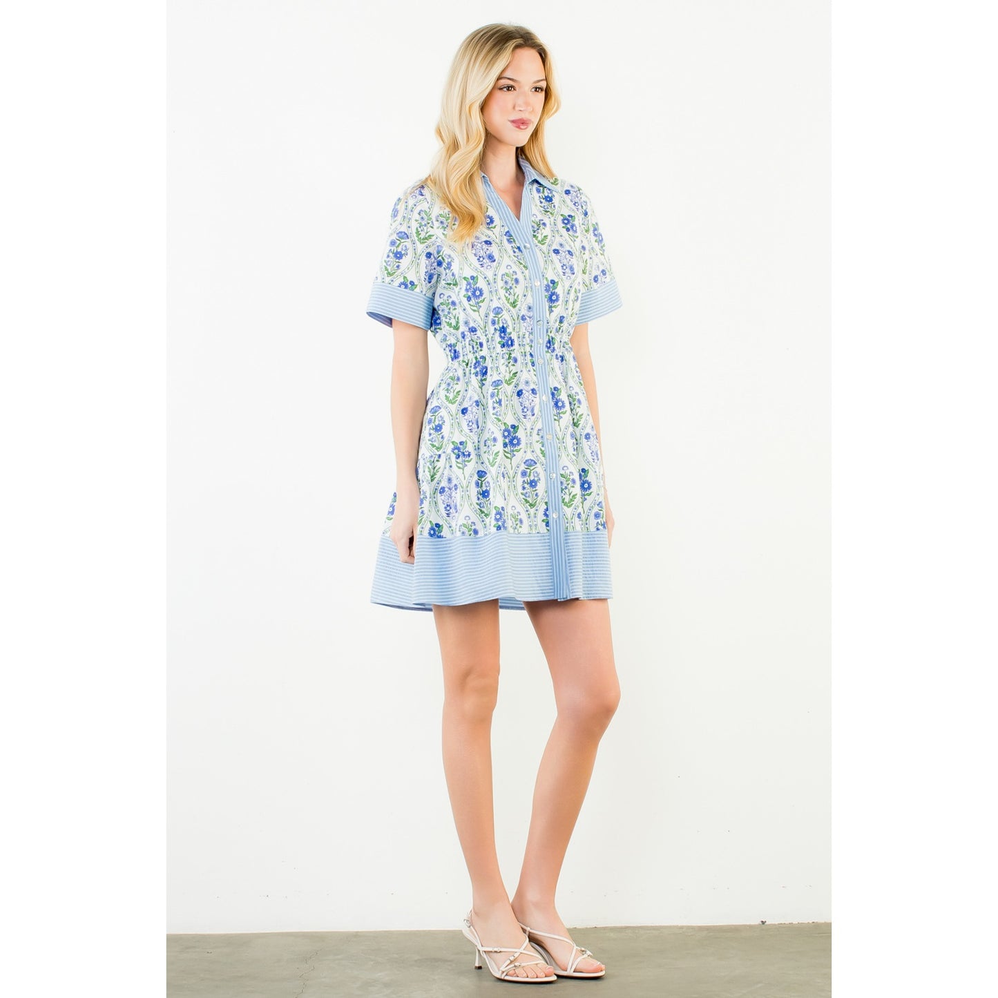 Short Sleeve Button Down Floral Pattern Dress - White