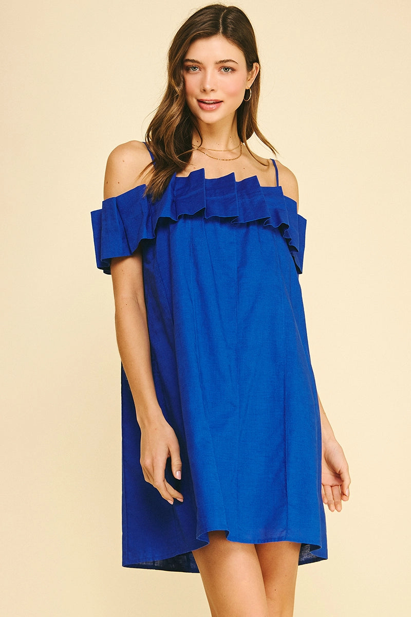 Ruffled Off Shoulder Mini Dress - Cobalt Blue