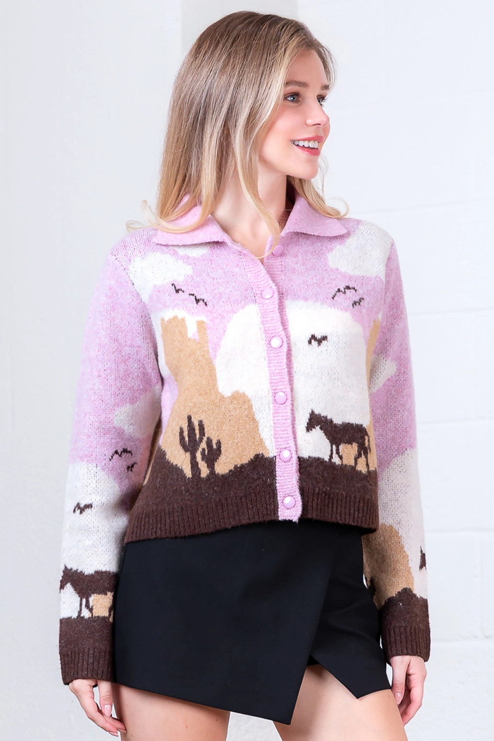Cozy Sweater Knit Horse Cardigan - Pink/Taupe - Spinout