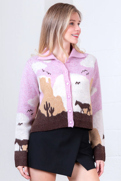 Cozy Sweater Knit Horse Cardigan - Pink/Taupe - Spinout