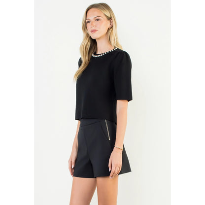 Pearl Neck Line Cropped Top - Black