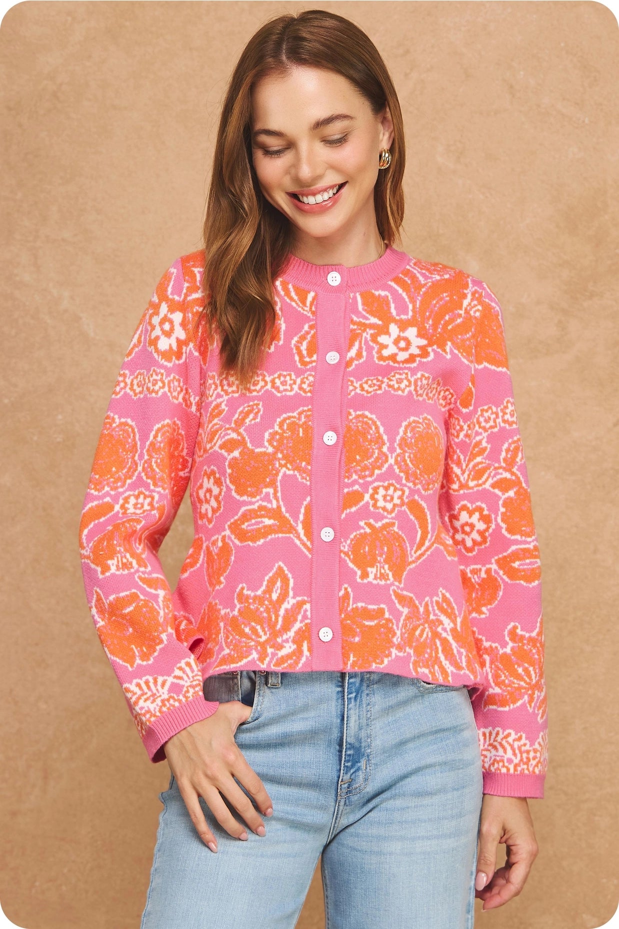 Floral Intarsia Peplum Button Down Cardigan - Pink/Orange