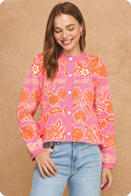 Floral Intarsia Peplum Button Down Cardigan - Pink/Orange