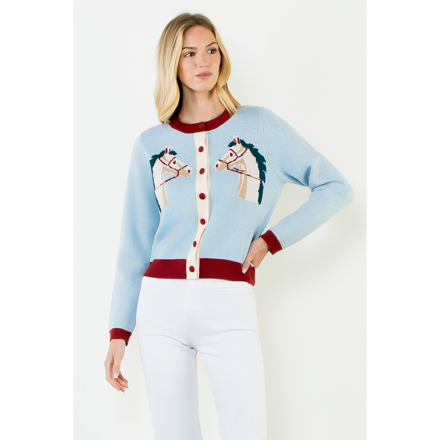 Double Horse Knit Cardigan - Light Blue