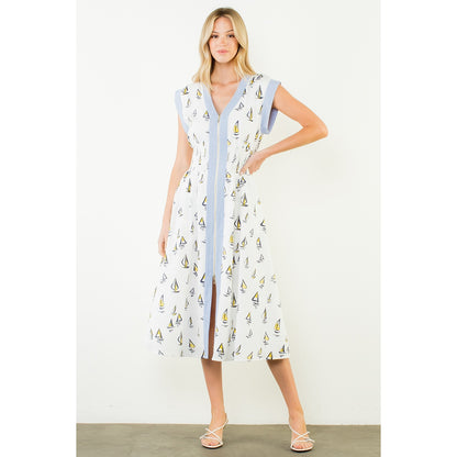 Short Sleeve Sailboat Pattern Midi Dress - Cream