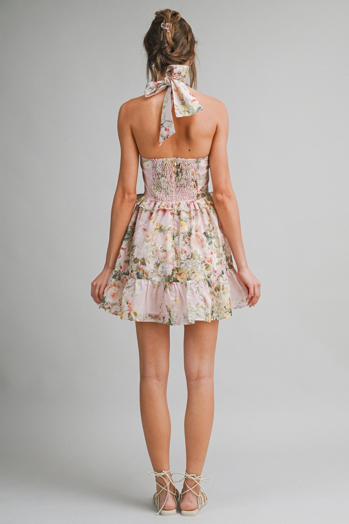 Floral Halter Mini Dress - Peach