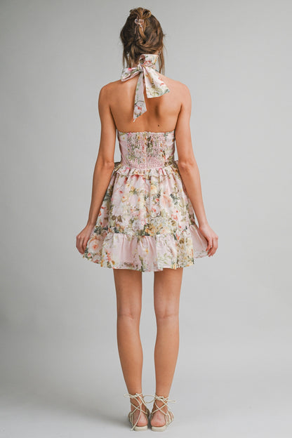 Floral Halter Mini Dress - Peach