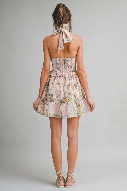 Floral Halter Mini Dress - Peach