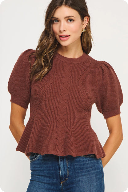 Flared Puff Sleeve Knit Top - Chocolate