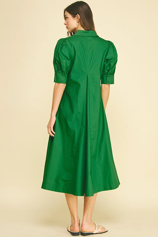 V-Neck Pleated A-Line Dress - Grass Green