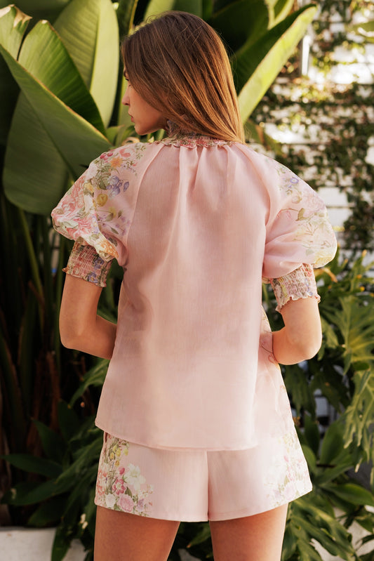 Floral Button Up Top and Short Set - Powder Pink Flower
