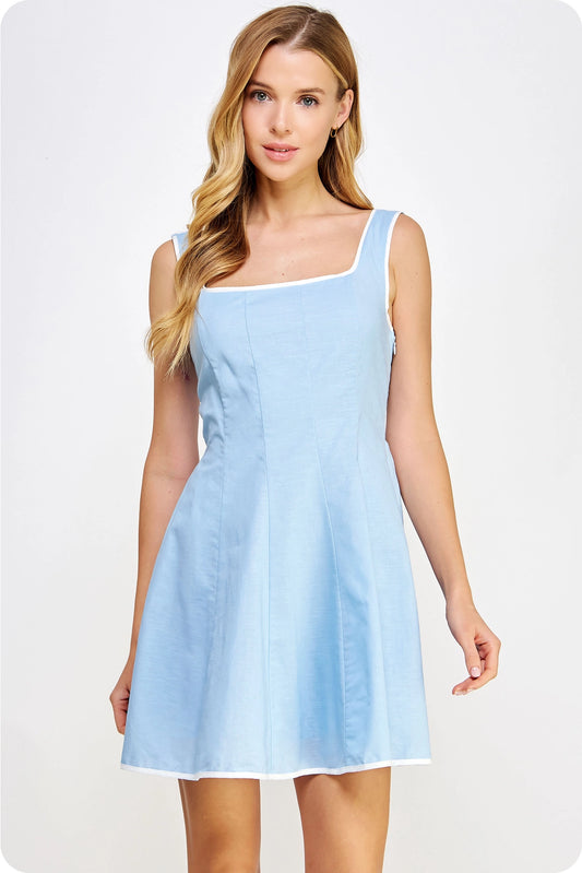 Piping Contrast Sleeveless Linen Mini Dress - Chambray