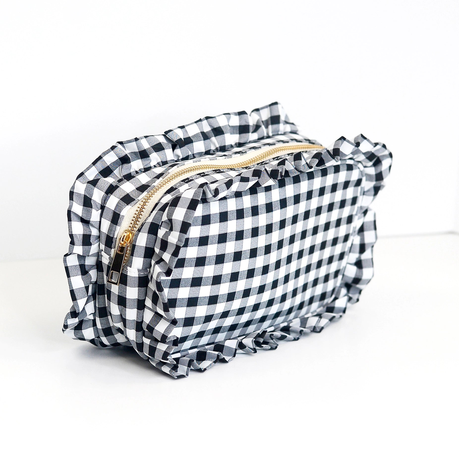 Gingham Ruffle Zipper Pouch Embroidery Friendly Cosmetic Bag - Black - Spinout