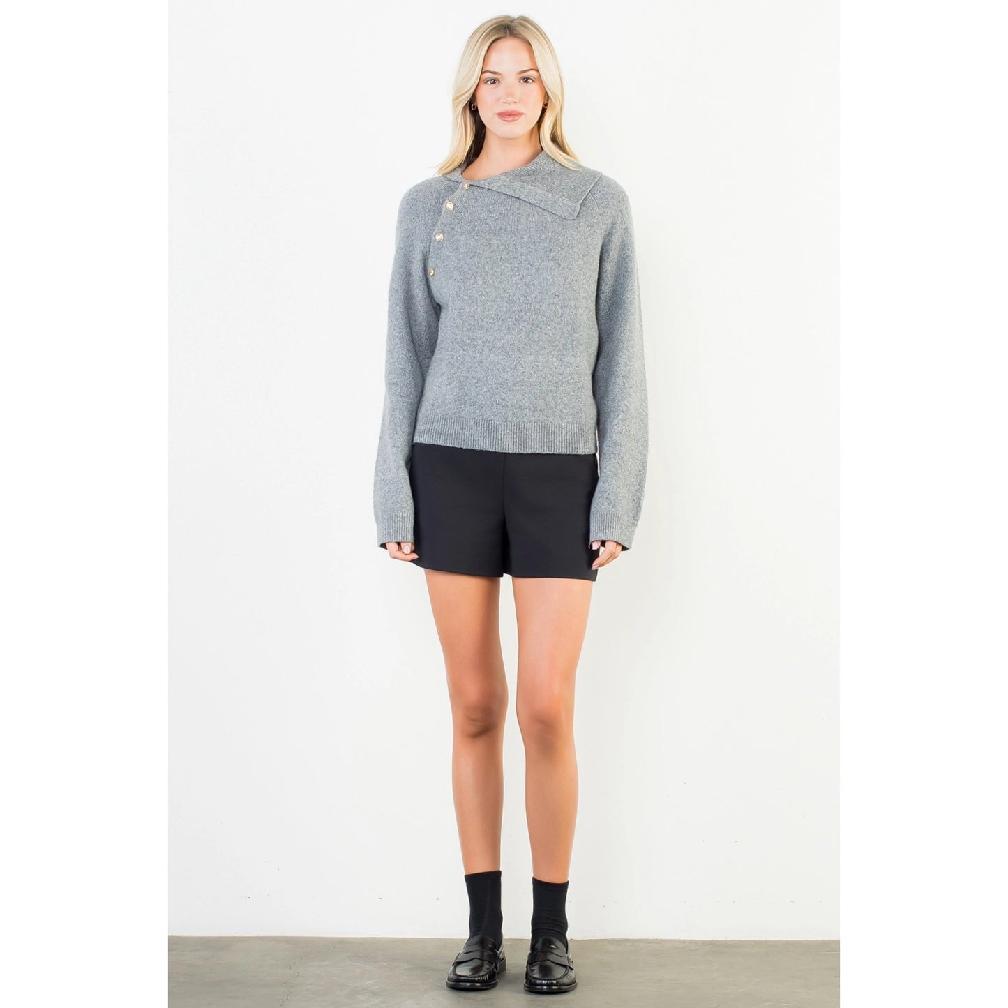 Long Sleeve Knitted Sweater - Heather Gray