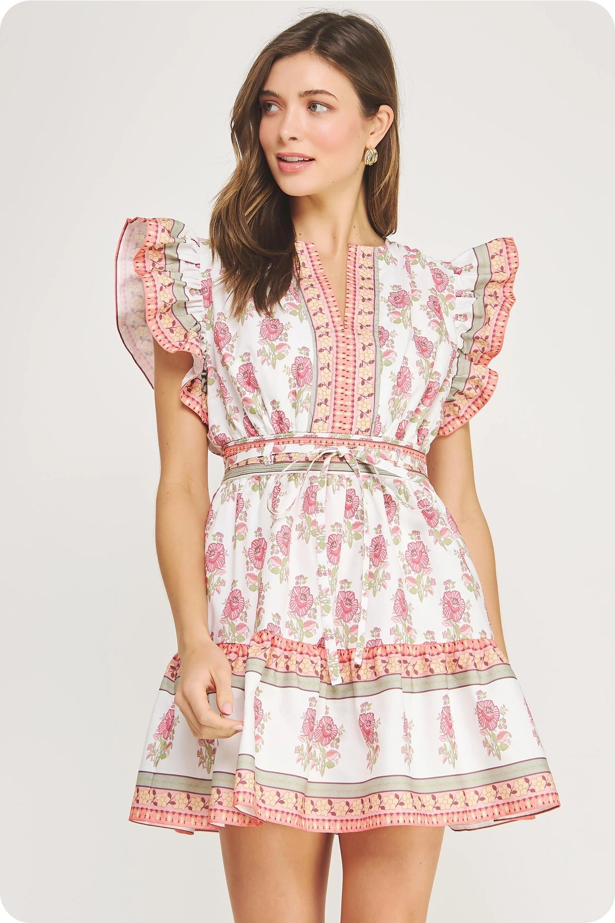 Floral Block Print Poplin Ruffle Sleeve Mini Dress - White/Pink