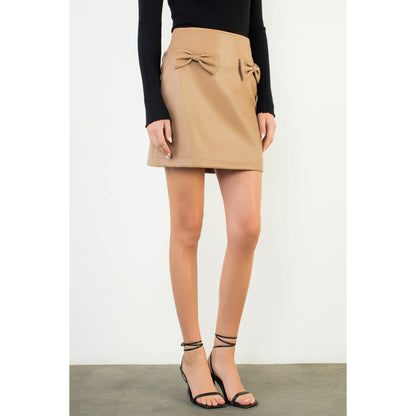 Bow Detail Faux Leather Mini Skirt - Beige