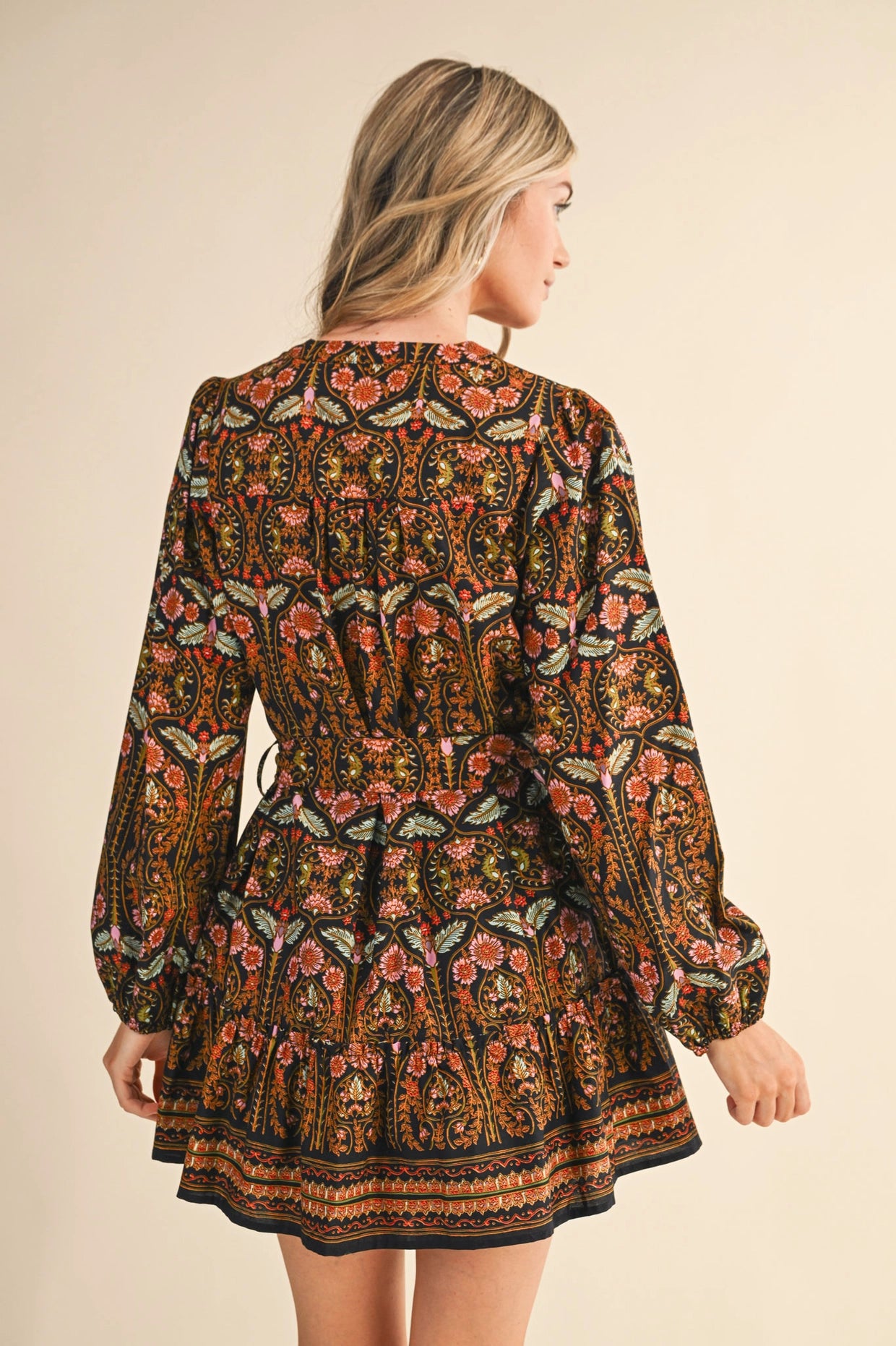 Exclusive Floral Print Button Down Belted Mini Dress - Black Multi