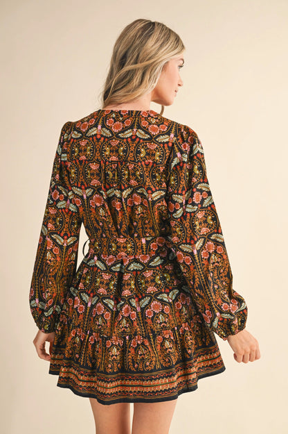 Exclusive Floral Print Button Down Belted Mini Dress - Black Multi