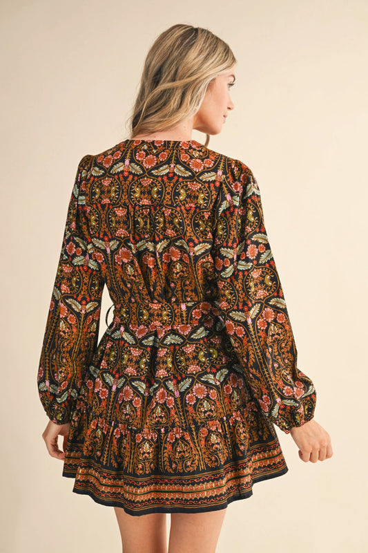 Exclusive Floral Print Button Down Belted Mini Dress - Black Multi