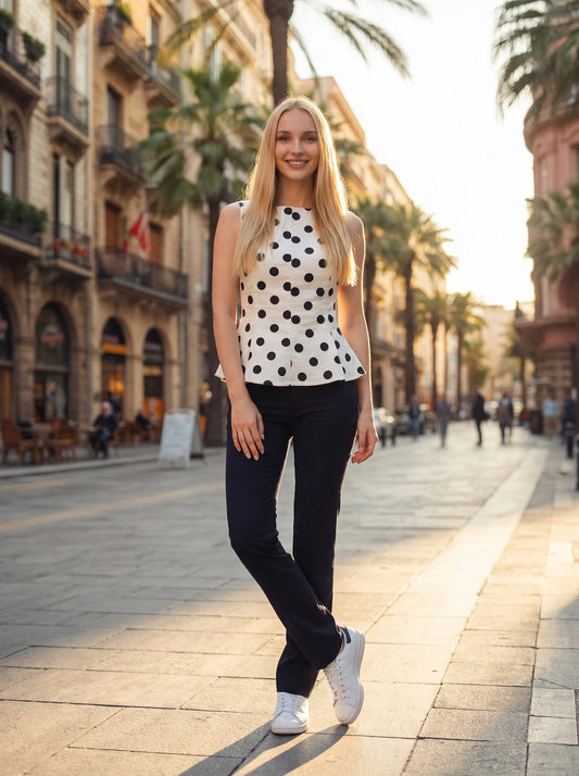 Stretch Dot Print Cotton Denim Peplum Top - White/Black