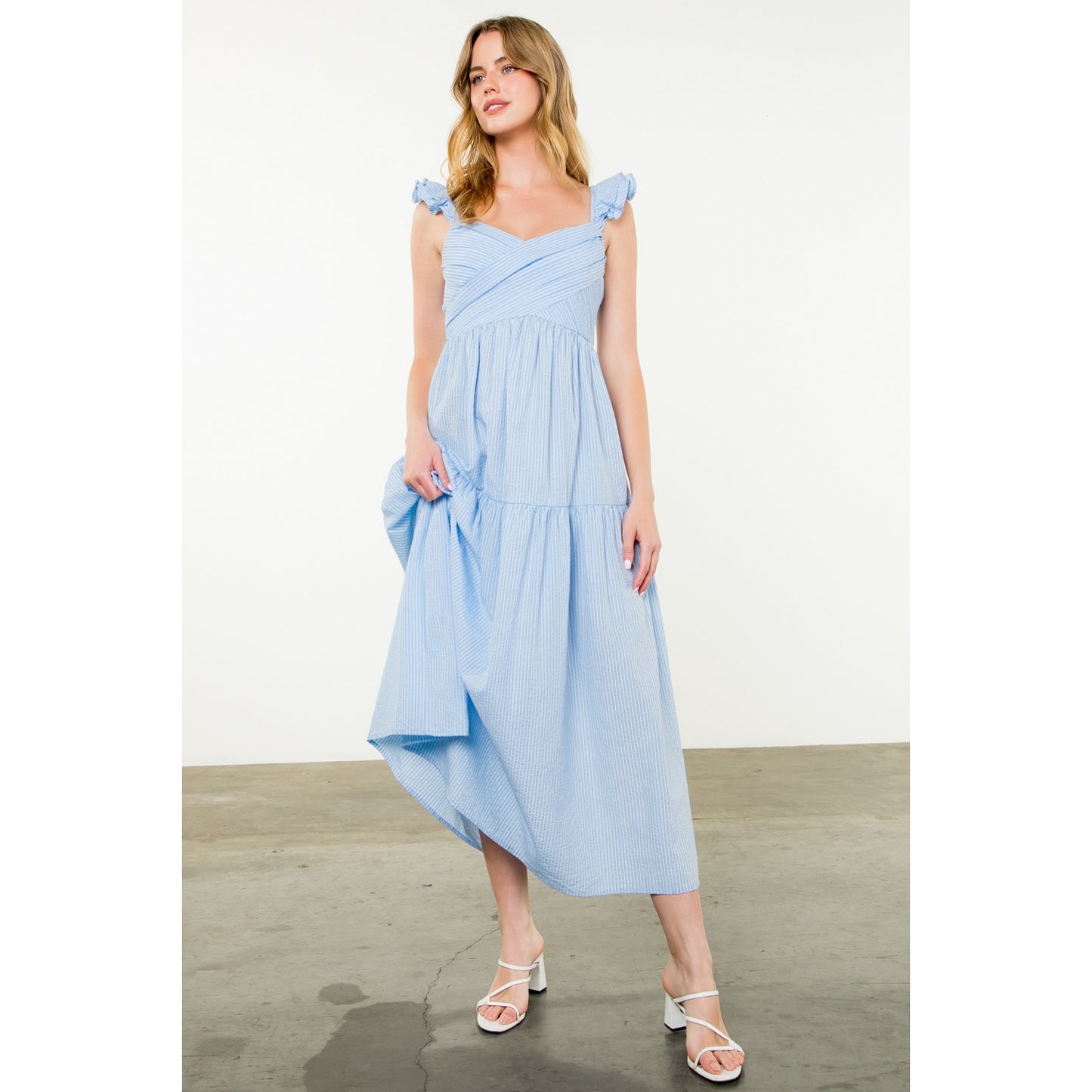 THML - Flutter Sleeve Striped Dress - Light Blue