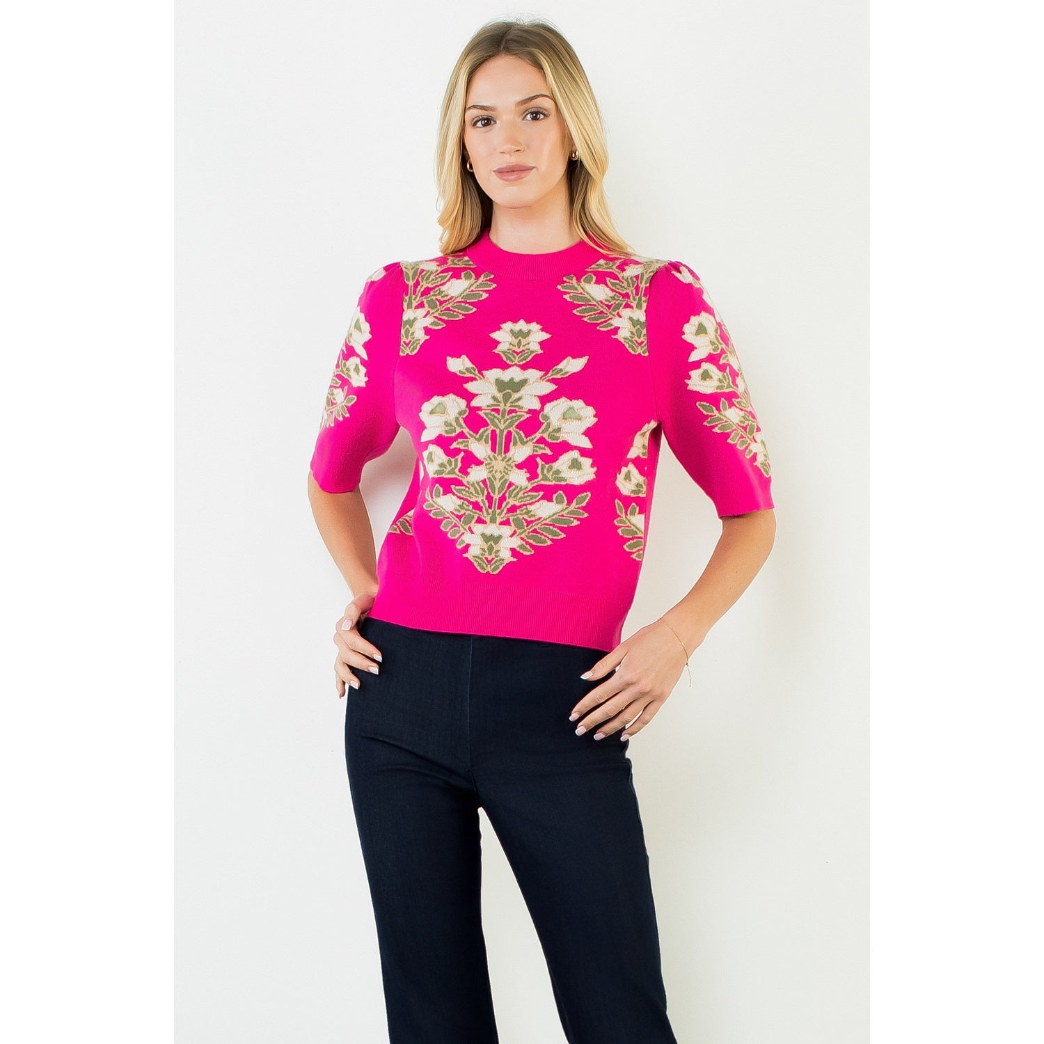 Short Sleeve Floral Pattern Sweater - Pink