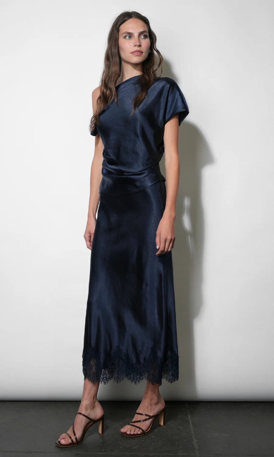 Nellie Asymmetric Satin Draped Off Shoulder Top - Navy