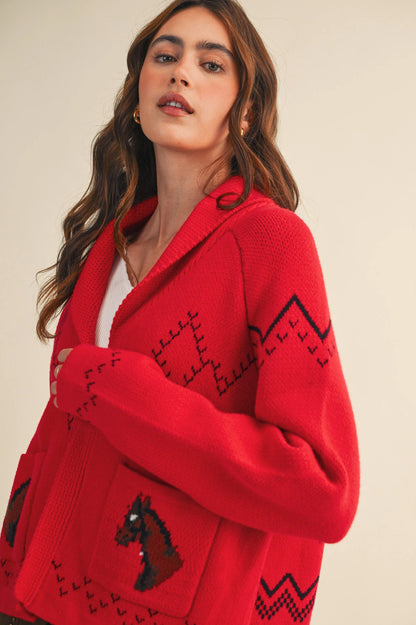 Horse Knit Sweater Cardigan - Red