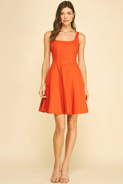 Square Neck Flared Mini Dress - Rust