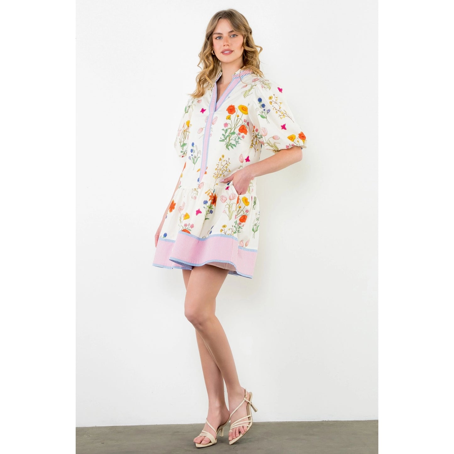 THML - Puff Sleeve Floral Dress - Cream