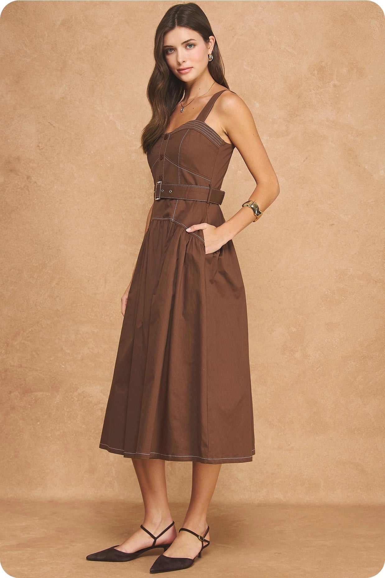 Contrast Top Stitch Sweetheart Belted A-Line Midi Dress - Chocolate Brown
