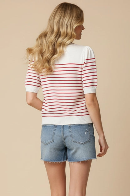 Striped Short Sleeve Sweater - White/Red