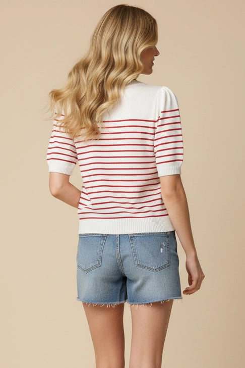 Striped Short Sleeve Sweater - White/Red
