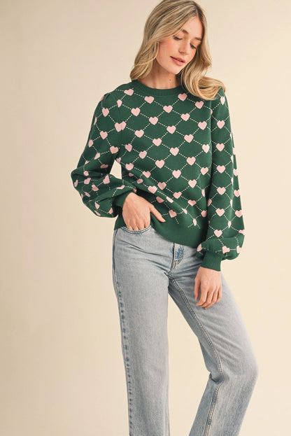 Heart Knit Puff Sleeve Sweater - Hunter Green Pink