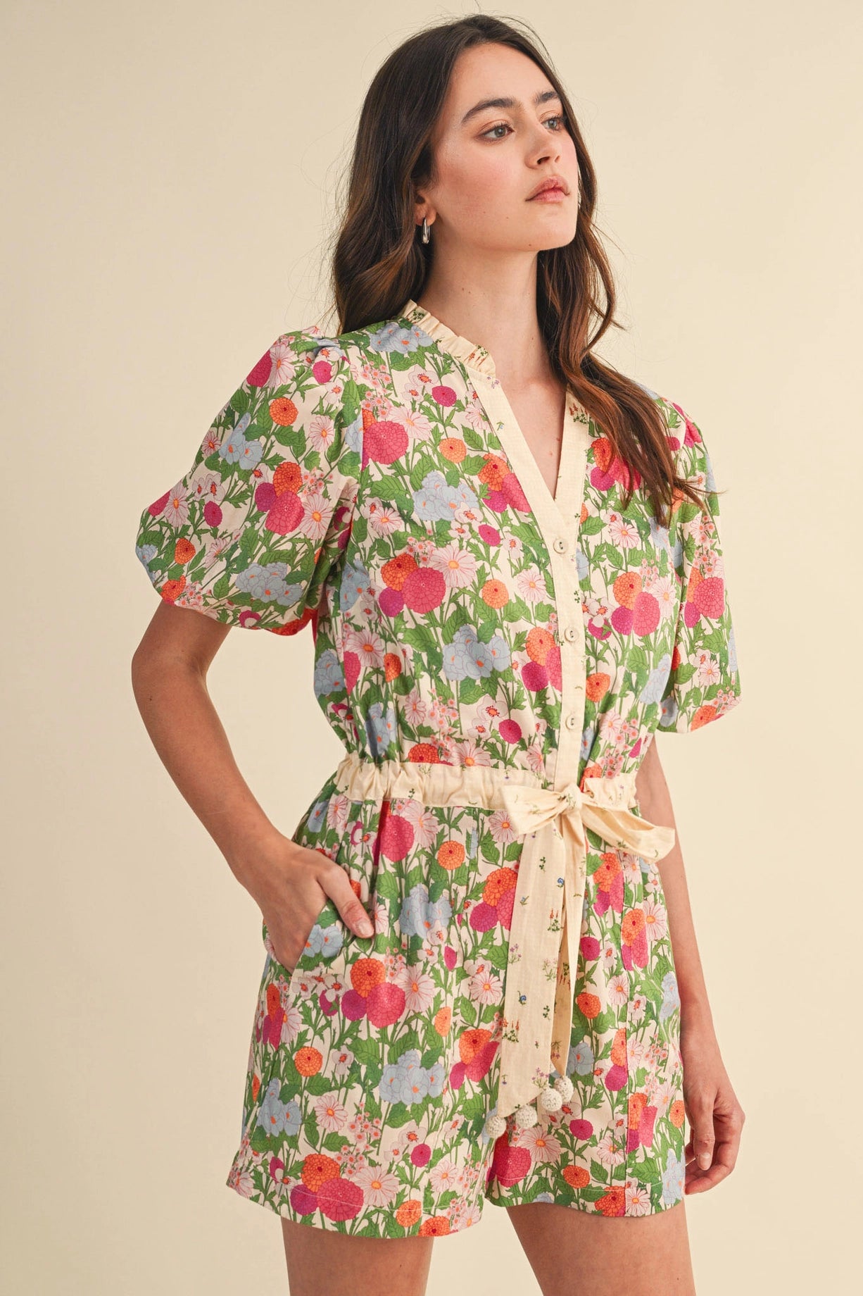Bubble Sleeve Floral Print Romper - Cream Pink Floral