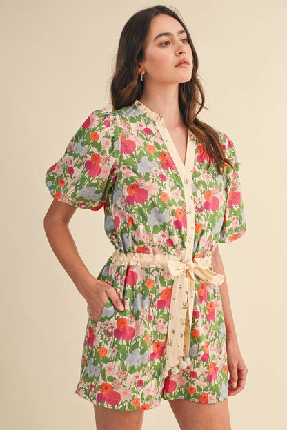 Bubble Sleeve Floral Print Romper - Cream Pink Floral