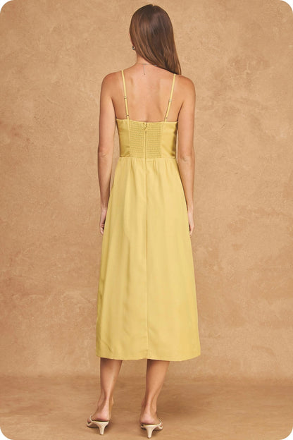 Statement Flower Rosette Top-Stitched Midi Dress - Misted Yellow/White