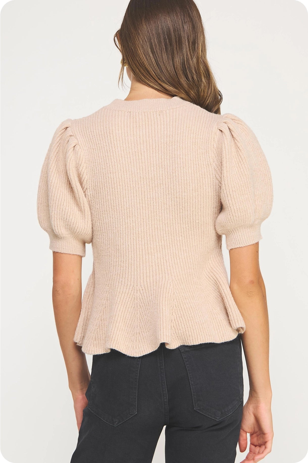 Flared Puff Sleeve Knit Top - Oatmeal