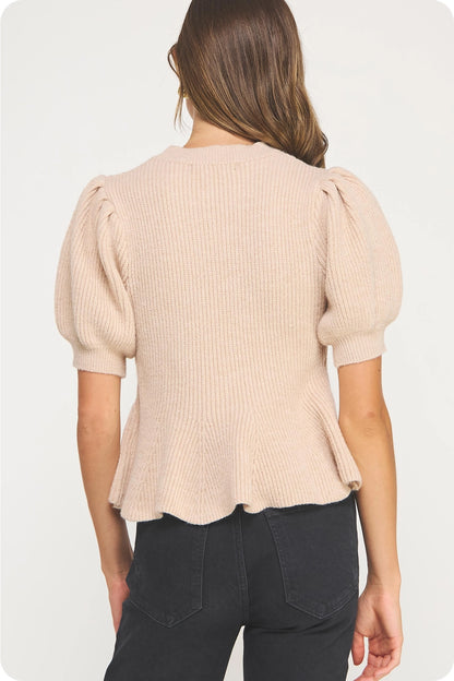 Flared Puff Sleeve Knit Top - Oatmeal