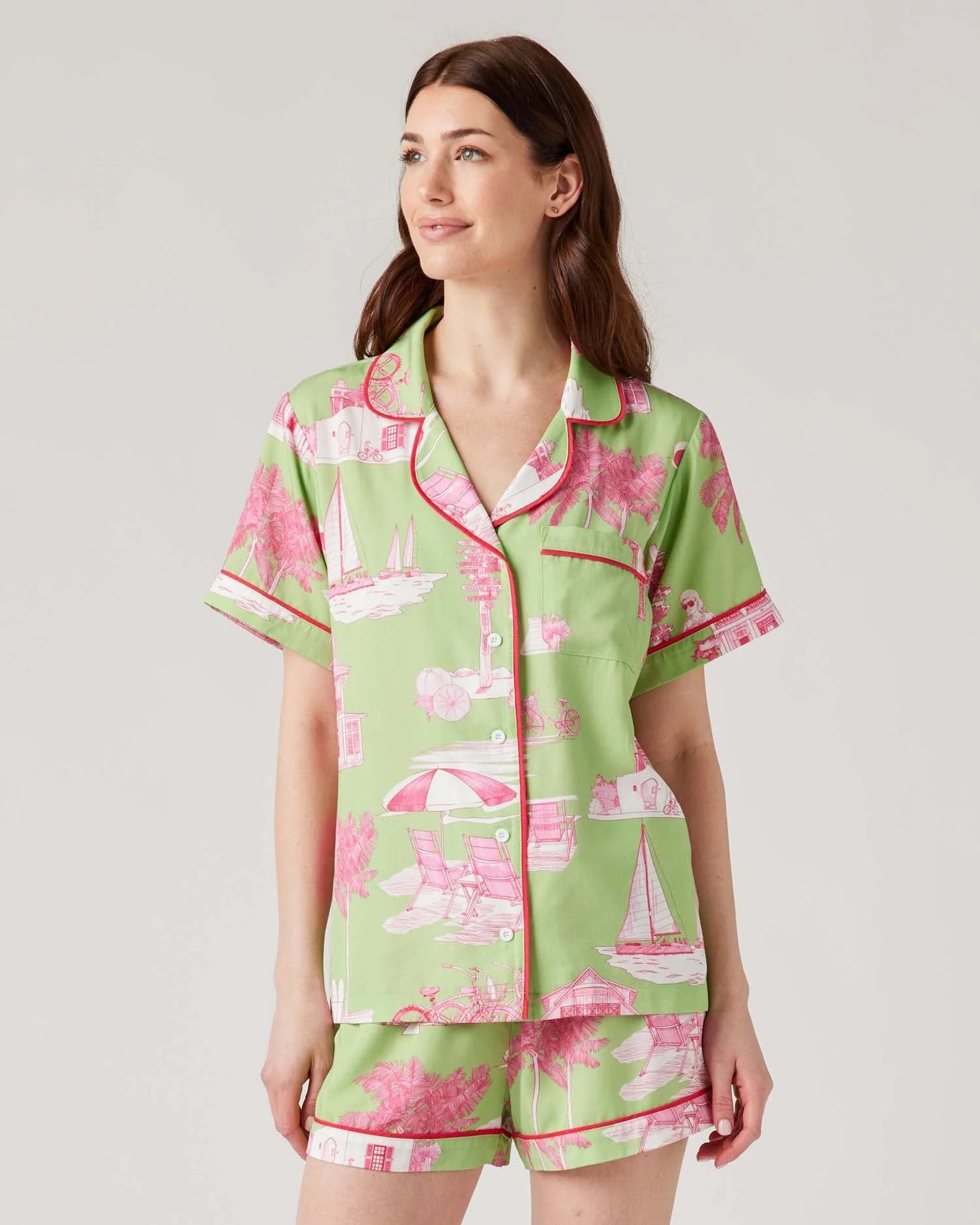 KATIE KIME - Florida Toile Pajama Shorts Set - Green Pink