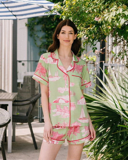 KATIE KIME - Florida Toile Pajama Shorts Set - Green Pink